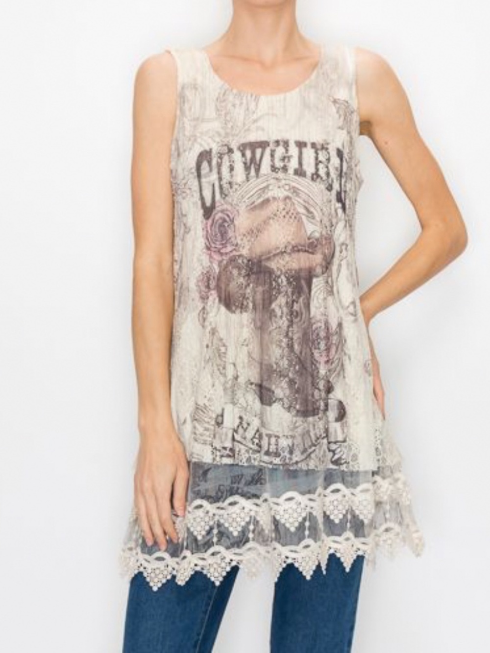 🎉ORIGAMI “ PONY “ ORIGAMI COWGIRL LACE TUNIC WITH EMBROIDERED HEM 24